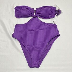 SHADE & SHORE Womens One Piece Cutout Bandeau W/Straps Ribbed Purple Size S 4-6